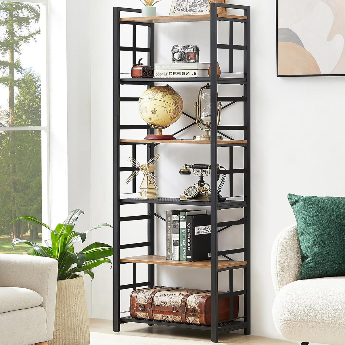 HOMBAZAAR 6 Tier Bookshelf,70 inch Tall Industrial Bookcase with Metal Frame and Open Shelves,Rustic Heavy Duty 6 Shelf Bookcase, Office Book Shelves for Living Room and Bedroom,Brown(Brown,6 Tier -（11.8"D x 23.6"W x 70.7"H）)