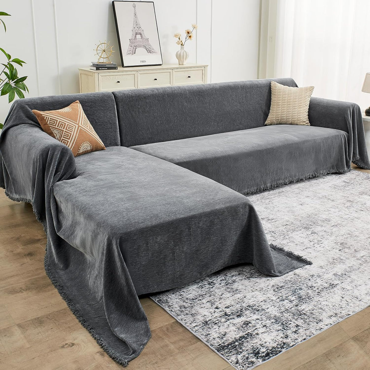 Sectional Couch Covers, 2 Pieces Chenille Sofa Cover L Shaped Couch Cover Blanket for Dogs Washable Sofa Slipcovers Pet Furniture Protector (X-Large: 71" x 110" + 71" x 118", Dark Gray)(Dark Gray,XX-Large)